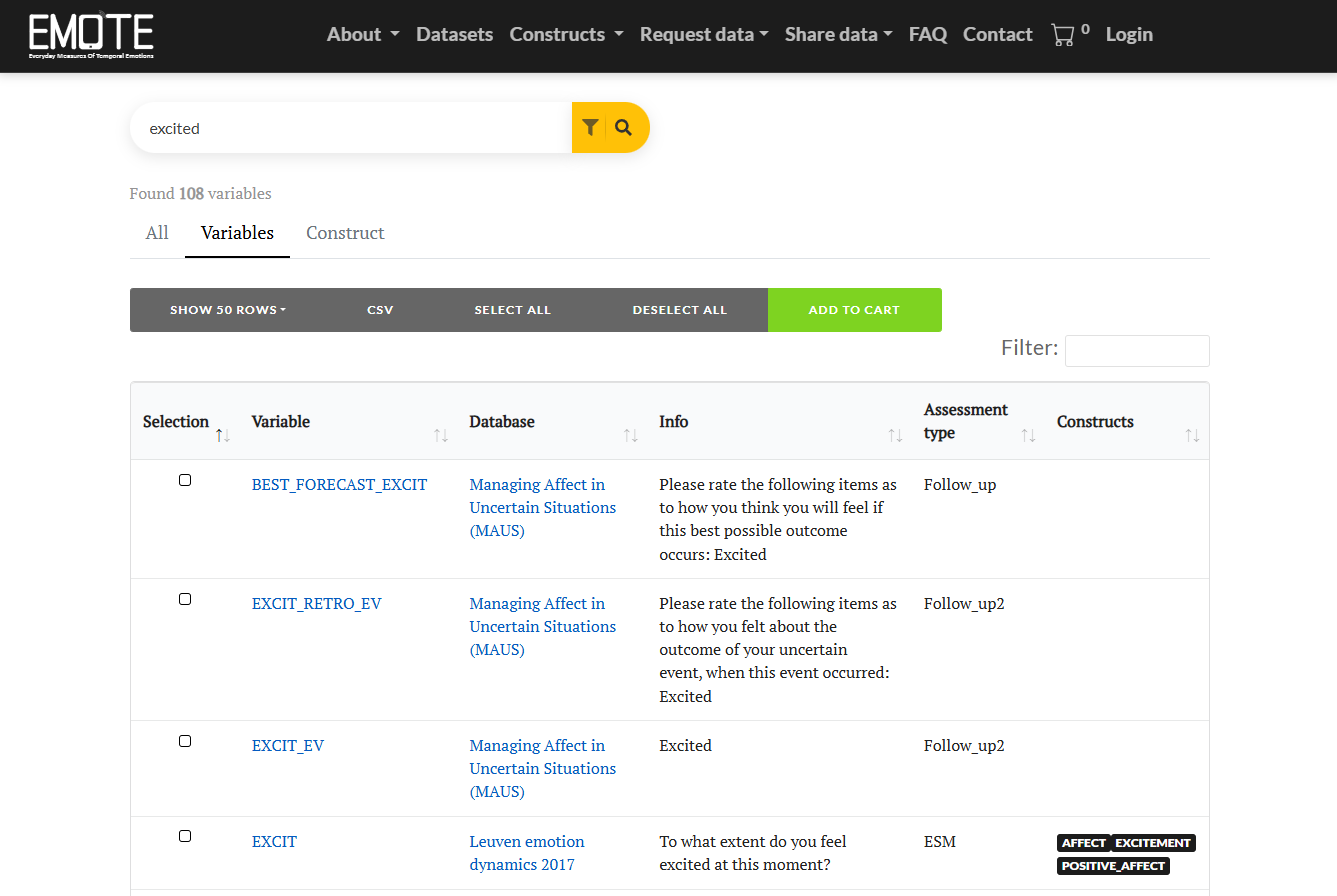 Search ESM / EMA datasets on emotions in the EMOTE database.