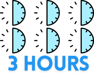 Image showing six clocks with each 30 minutes highlighted in blue. And a text that says "3 hours"
