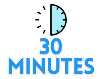 This image shows a clock that has highlighted 30 minutes in blue. And a text that says "30 minutes"