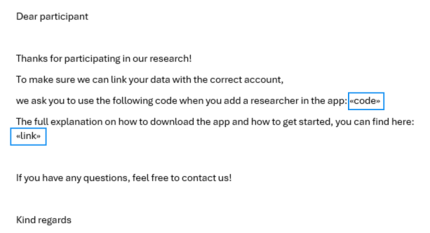 Screenshot of the example mail and you see <<code>> and <<link>> on the places where you would add the invitation code and the link to the page.