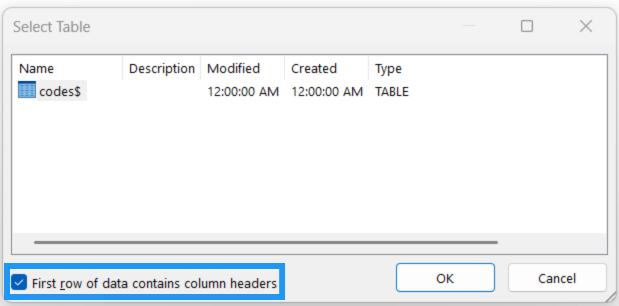 Screenshot showing the window "Select Table", with one table "code$" selected and the box "First row of data contains column headers" also selected.