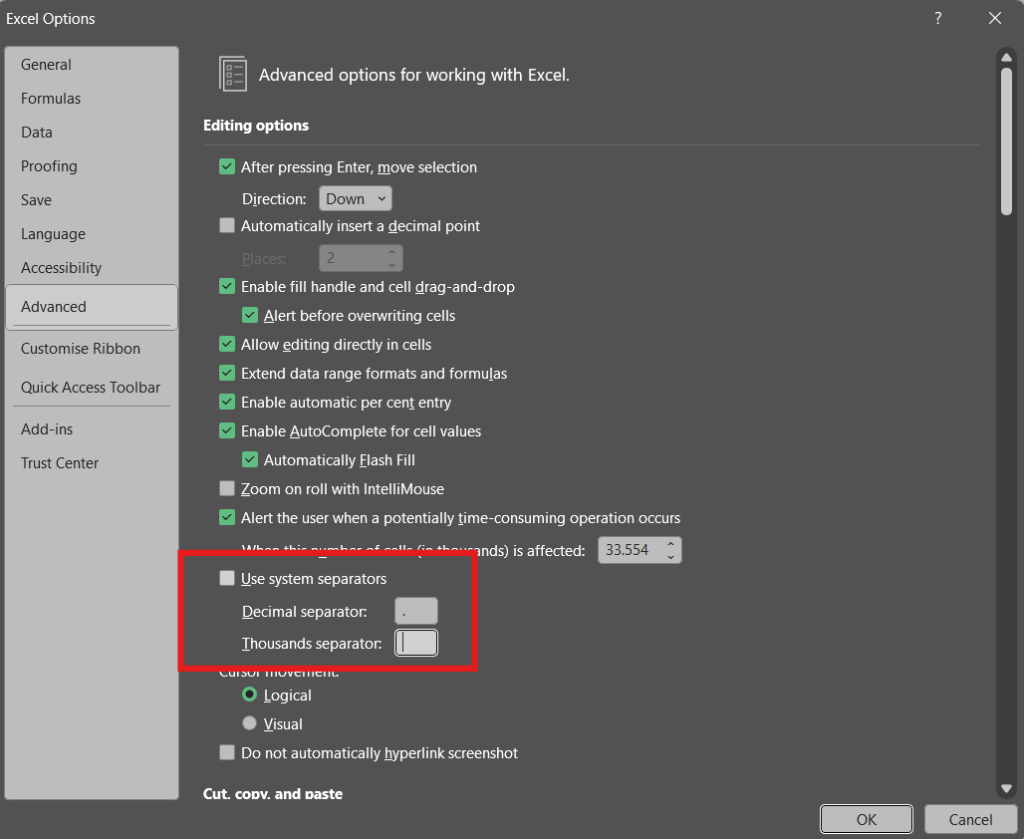 Screenshot showing the Excel Options pop-up. Advanced is selected and there is a red square around "Use system separators". And decimal separator is set to a dot and the Thousands separator is a space.