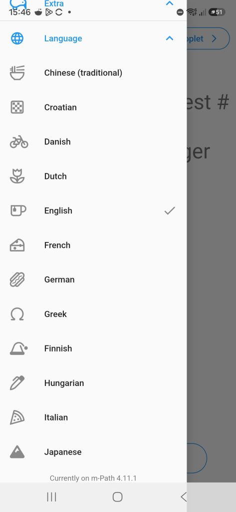 Language selection screen in the m-Path app showing the available languages and their icons